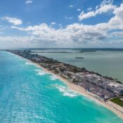 hotels on foreland on sea coast in cancun in mexico
